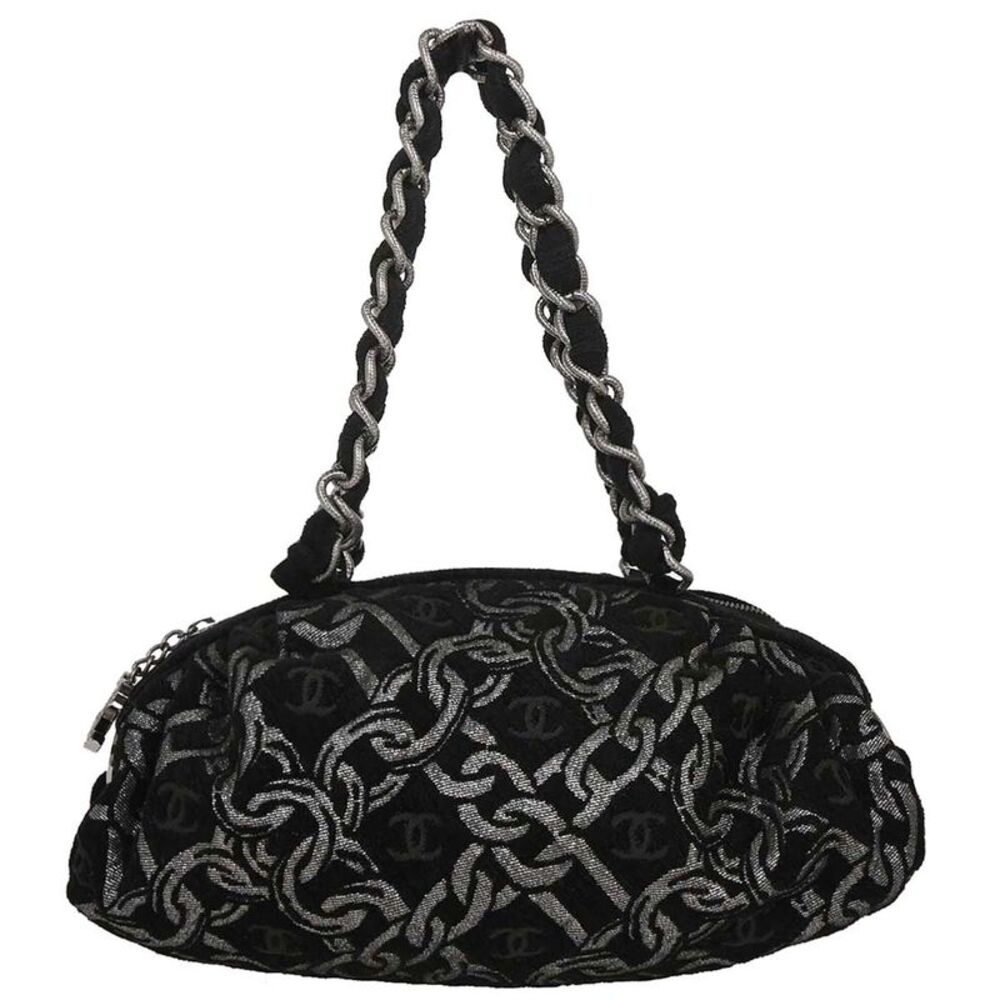 Chanel Vintage Zip Bowler Printed Jacquard Black Cotton Shoulder Bag Bag